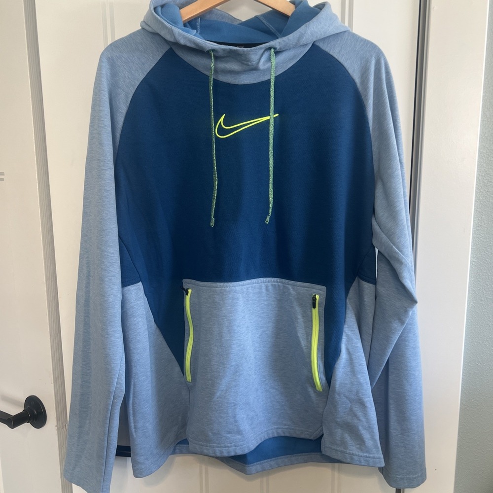 NIKE Men's‎ Large Hoodie Hooded Sweatshirt Logo Therma Fit Blue Kangaroo Pocket
